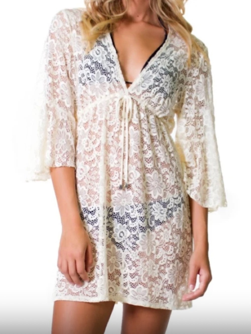 Elan Cream/Ivory/Natural/Off-White Lace 3/4 Sleeve Cover-Up Size S, M, L